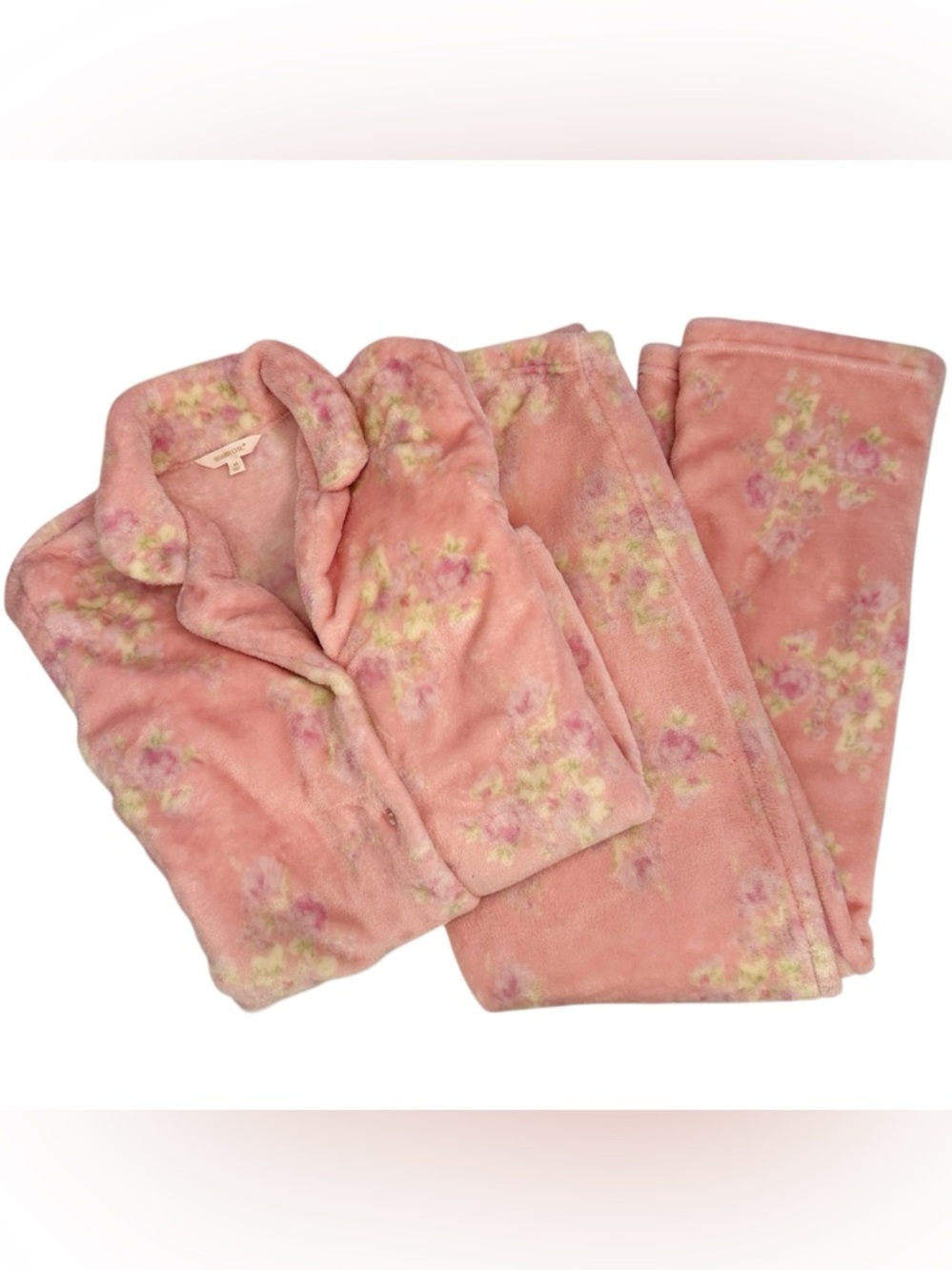 Shabby Chic Pajama Set Pink Floral Plush Button Top Pants M